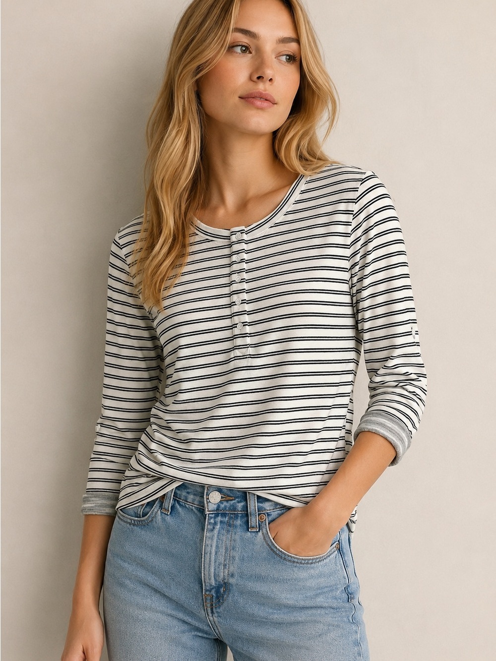 Vintage America Striped Henley Long-Sleeve Top - White & Black M NWOT